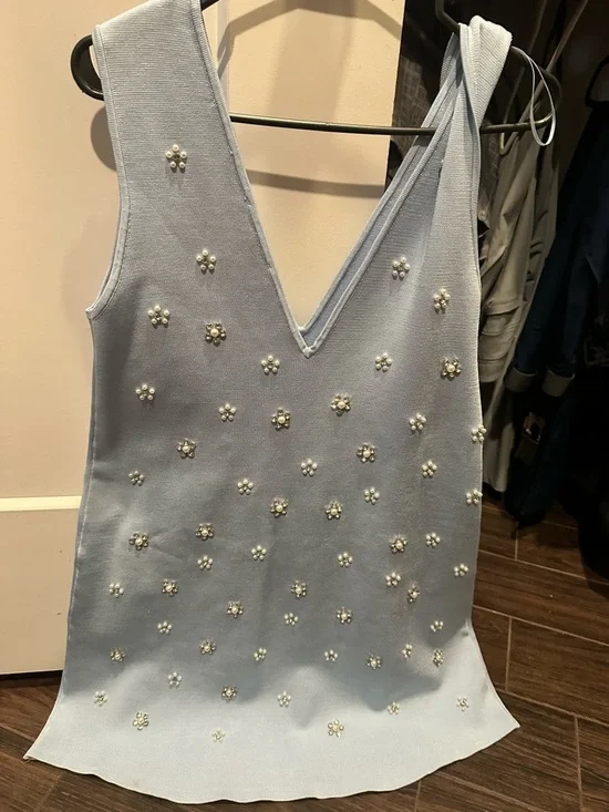 Zara Light Blue Embellished V-Neck Mini Dress - Picture 2 of 6